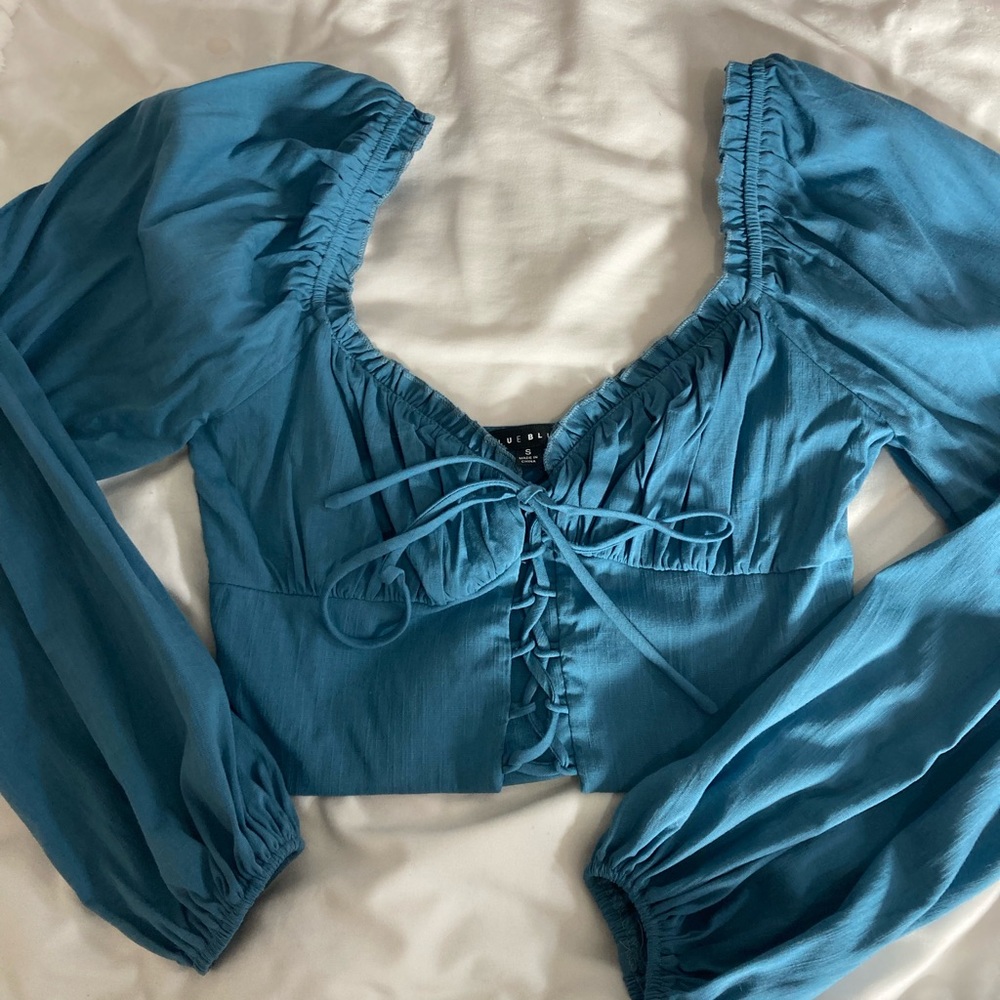Blue Blush cropped long sleeve going out blue corset top